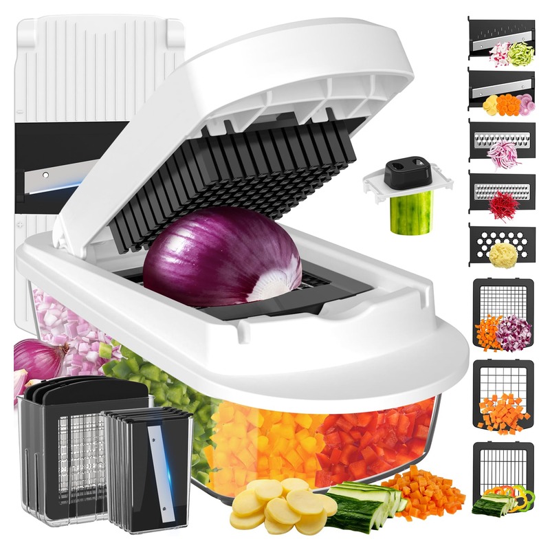 8 Blade All-in-1 Vegetable Chopper Mandoline Slicer with Container, Food Chopper, Onion Chopper, Veggie Cutter for Salad, Kitchen Gadgets Accessories Essentials, White