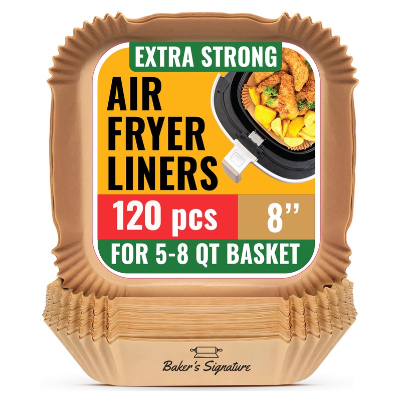 Air Fryer Paper Liners, 120Pcs Air Fryer Disposable Liners, Non-Stick and Oil Proof for Easy Cleanup, 8” Square for 5-8 qt Basket by Baker's Signature