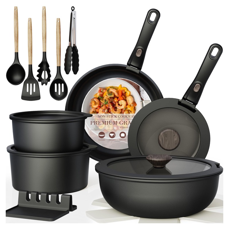 Astercook 21 Pcs Pots and Pans Set Non Stick, Ceramic Cookware Set Detachable Handle, RV Kitchen Cooking Set Removable Handles, Oven Safe, Induction Ready, Stackable, Black, Fathers Day Gift for Men