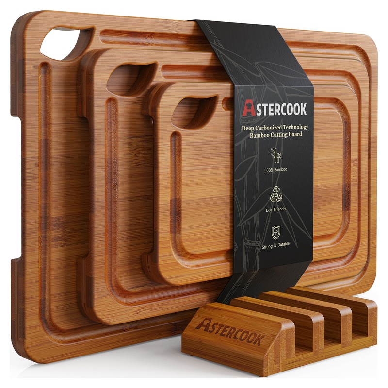 Astercook Deep-Carbonized Bamboo Cutting Boards for Kitchen with Wood Storage Stand, Reversible Charcuterie & Chopping Boards with Juice Grooves and Easy-Grip Handles, Fathers Day Gift for Men