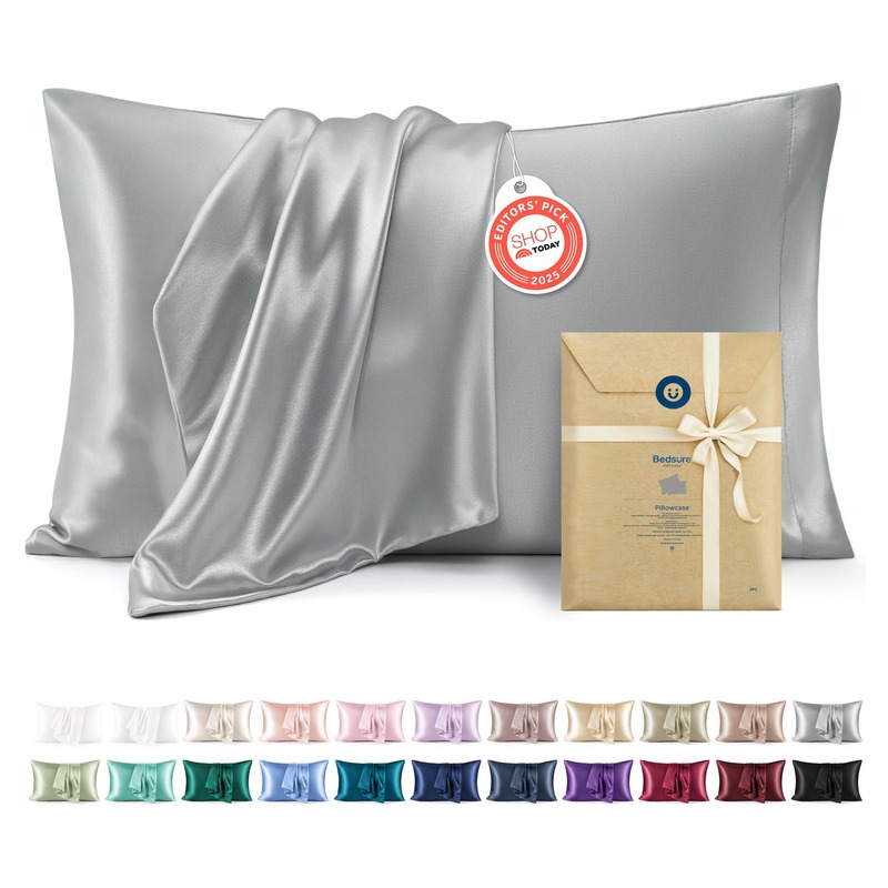 Bedsure Satin Pillowcase, Similar to Silk Pillow Cases Queen Size Set of 2, Cooling Pillow Case Covers with Envelope Closure, Room Decor Gifts for Women Men, Silver Grey, 20x30 Inches, 2pcs