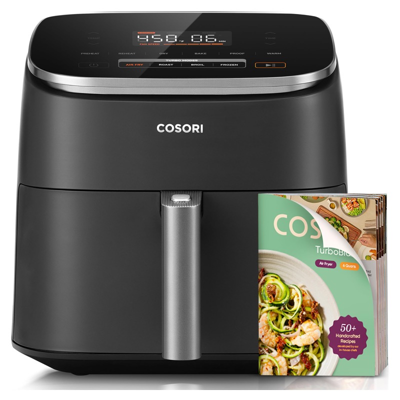 Cosori 9-in-1 TurboBlaze Air Fryer 6 Qt, PFAS-Free Ceramic Coating, 90°–450°F, Precise Heating for Even Results, Air Fry, Roast, Bake, Broil, Dry, Frozen, Proof, Reheat, Keep Warm, 120V, Dark Gray