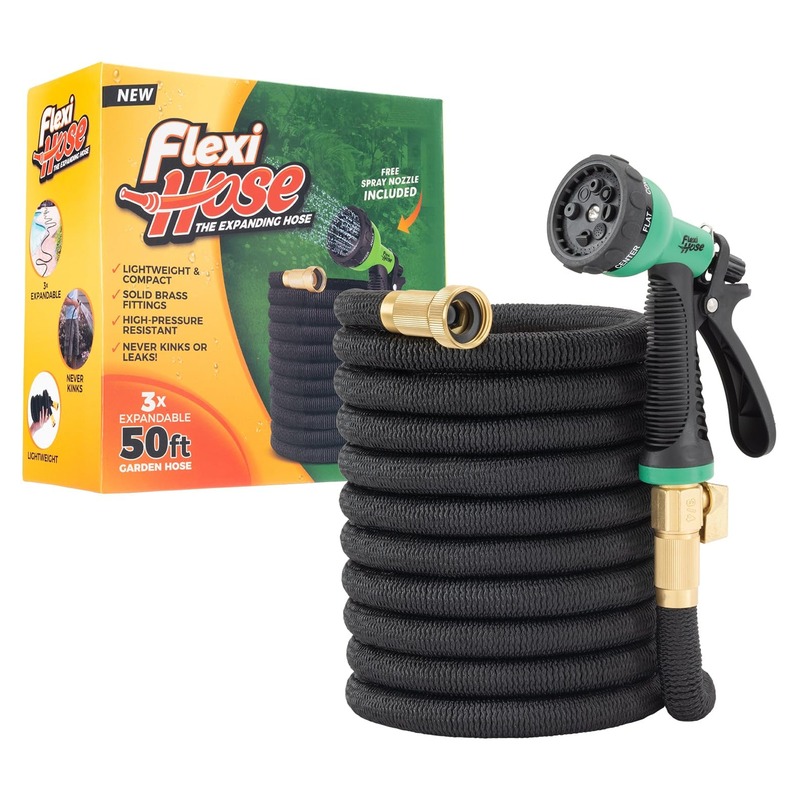 Flexi Hose Expandable Garden Hose with 8 Function Nozzle, 50FT - Lightweight Retractable Garden Hose, Water Hose - No-Kink Flexibility, 3/4 Inch Solid Brass Fittings and Double Latex Core