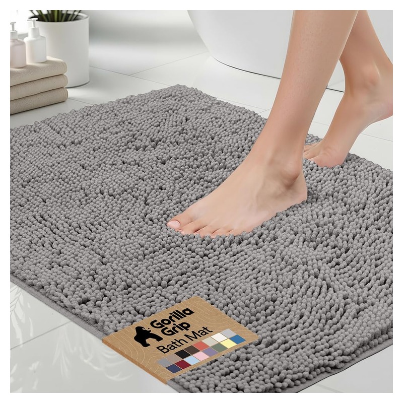 GORILLA GRIP Bath Rug Mat, Thick Soft Absorbent Chenille, Quick Dry Microfiber Mats, Rubber Backing Washable Shower Floor Rugs, US Designed Bathroom Bathmat Home Decor Accessories, 24x17, Grey