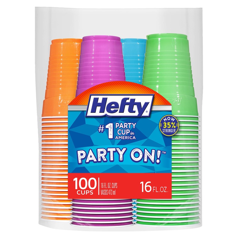 Hefty Party On Disposable Plastic Cups, Assorted, 16 Ounce, 100 Count
