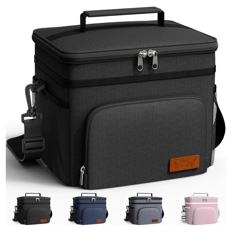 HOTOR Insulated Lunch Box for Men & Women - Leak-Proof Cooler Lunch Bag with 4 Pockets, Adjustable Strap, Ideal for Work, Picnic, Travel - Medium, Black, 10.2