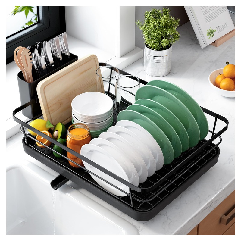 Kitsure Dish Drying Rack for Kitchen Counter, Stainless Steel Sink Organization and Storage Essentials with Cutlery Holder, Home and Appartment Decor, 12''W x 15.5''L, Black