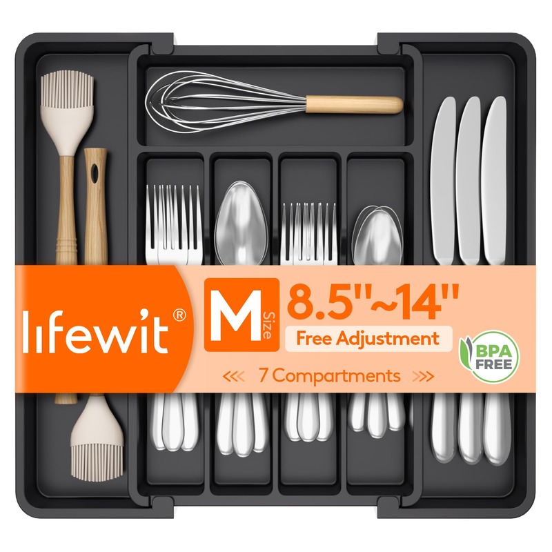 Lifewit Expandable Silverware Organizer, Plastic Utensil Tray for Kitchen Drawer, BPA Free Flatware Cutlery Holder, Space-Saving Storage for Spoons Forks Knives, 8.5-14 x 12 x 1.5 inch, Black