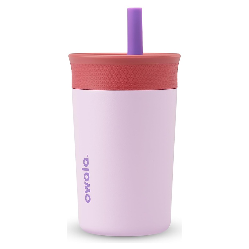 Owala Kids Insulation Stainless Steel Tumbler with Spill Resistant Flexible Straw, Easy to Clean, Kids Water Bottle, Great for Travel, Dishwasher Safe, 12 Oz, Pink and Purple (Lilac Rocket)