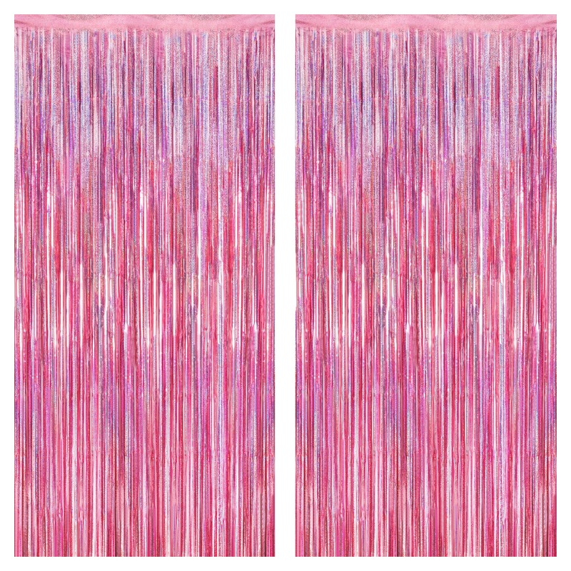 2 Pack Glitter Pink Backdrop, 3.28 FT x 7.05 FT Birthday Party Decorations, Laser Pink Fringe Curtains Foil Streamer Tinsel, Pink Curtains Photo Backdrop Happy Birthday Valentines Day Backdrop