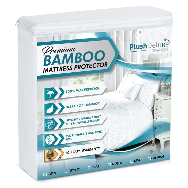 PlushDeluxe Premium Bamboo Mattress Protector – Queen Size, Waterproof, & Ultra Soft Breathable Noiseless Washable Bed Mattress Cover for Comfort & Protection - White