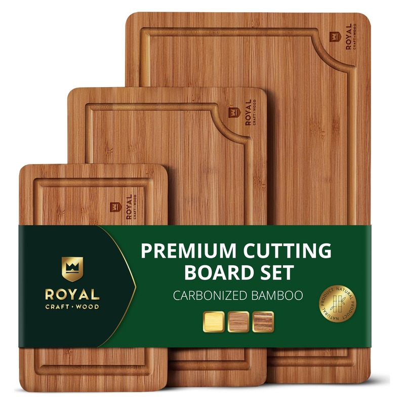 ROYAL CRAFT WOOD Wooden Cutting Boards for Kitchen Meal Prep & Serving - Non Toxic Bamboo Wood Cutting Board Set with Deep Juice Groove Side Handles - Charcuterie & Chopping Butcher Block for Meat