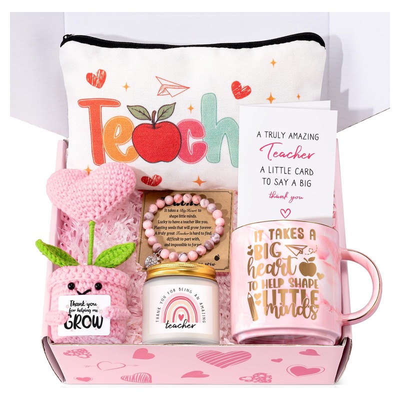 Teacher Appreciation Gifts for Women,Teacher Valentine Gifts from Students,Funny Christmas Back to School End of Year Thank You Basket Box,Unique Birthday Gift Ideas with Crochet Flower Makeup Bag Mug