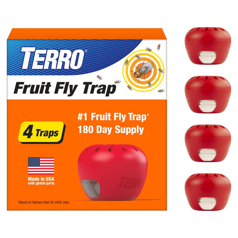 TERRO Fruit Fly Trap 4-Pack with 180 Day Lure Supply - Indoor Fly Traps for Home, Kitchen Counters, and Trash Cans - Apple-Shaped Bug Catcher with Ready to Use Pest Control, T2503SR