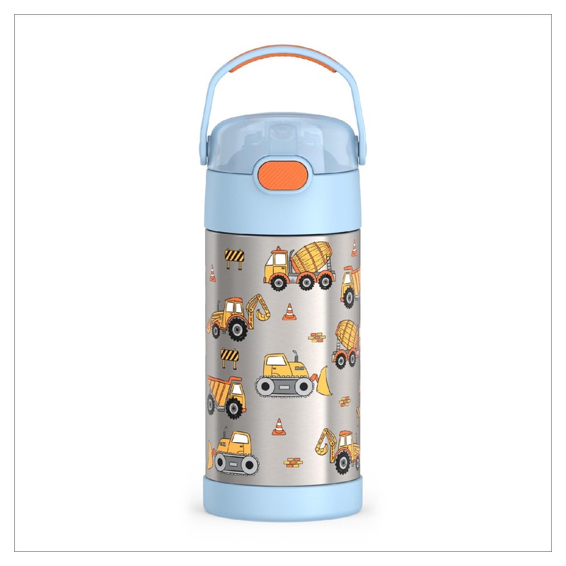 THERMOS FUNTAINER Water Bottle with Straw - 12 Ounce - Kids Stainless Steel Vacuum Insulated Water Bottle with Lid, Construction