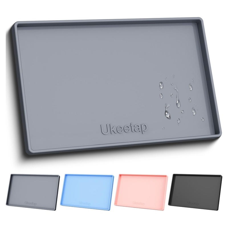 ukeetap Extra Thick Silicone Mat Waterproof with Raised Edge 19” x 12”, BPA Free Non-Slip Dog & Cat Food Mat, Feeding Mat for Food and Water Bowls, Spill Proof Mat to Protect Floors, Gray