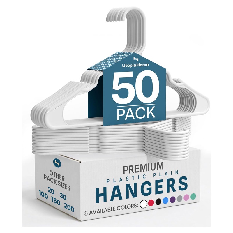 Utopia Home - Plastic Hangers 50 Pack - Space Saving Clothes Hanger - Durable and Strong Closet Organizers and Storage Makes It Ideal Stocking Stuffers or Apartment or Dorm Room Essentials (White)