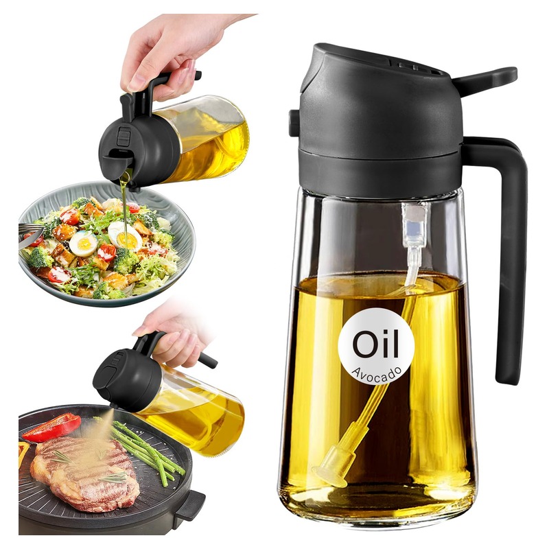 YARRAMATE 16oz/470ml Glass Olive Oil Sprayer for Cooking with Stickers, 2 in 1 Oil Dispenser for Kitchen Gadgets, Food Grade Premium Spray Bottle with Portion Control for Salad, Frying, BBQ (Black)