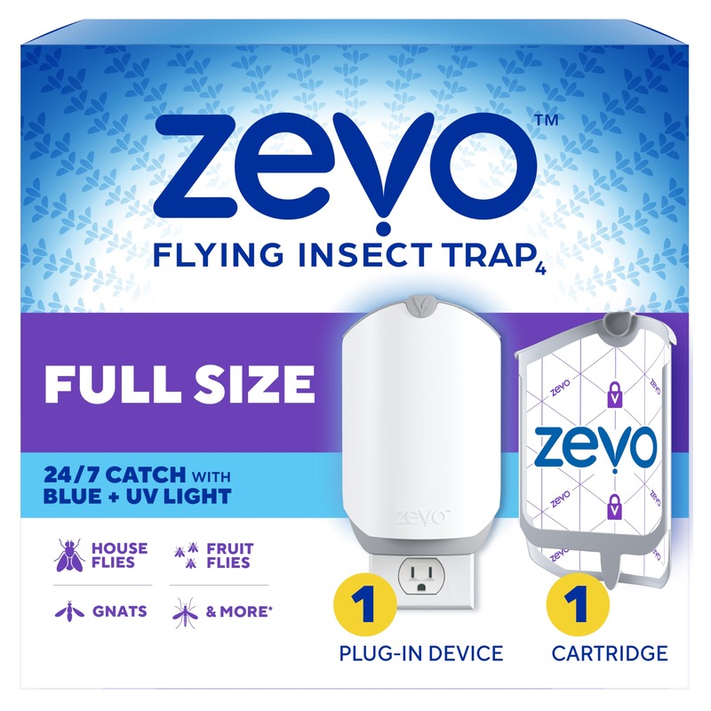 Zevo Flying Insect Trap & Cartridge - Plug in Fly Trap & Indoor Bug Catcher for Gnats, House & Fruit Flies - Mess-Free - Use in Any Room - Uses Blue & UV Light (1 Plug in Device & 1 Cartridge)